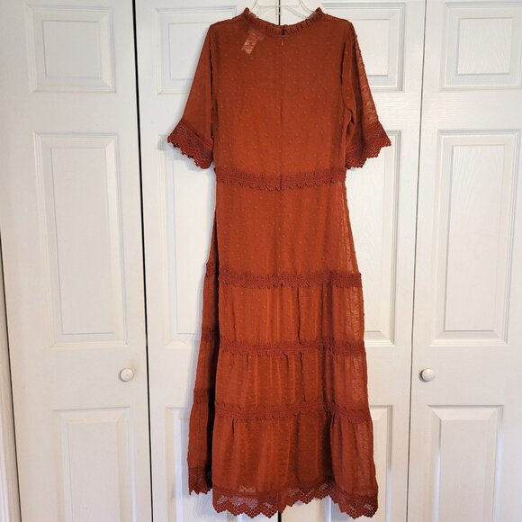 Lulu's Dreaming of You Rust Orange Swiss Dot Midi Dress - Picture 3 of 7